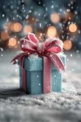 3D Christmas Scene with Blue Wrapped Gift and Pink Ribbon Under Snowy Tree, Winter Holidays