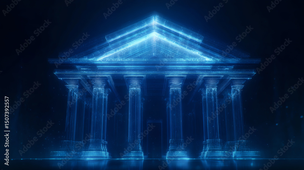Poster a stunning digital representation of a classical building illuminated with blue light, showcasing mo
