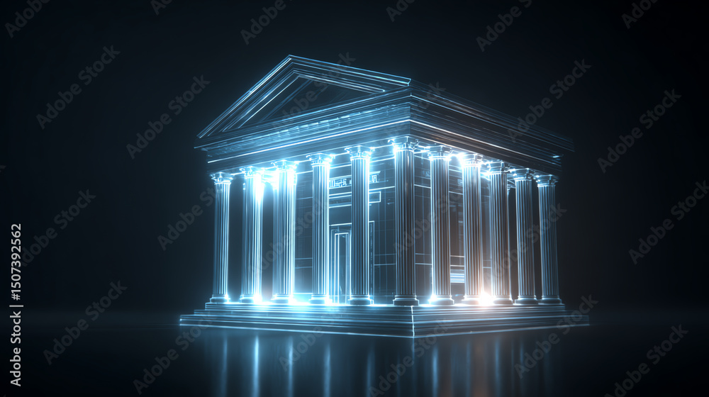 Poster a stunning digital representation of a classical building with glowing elements, showcasing the blen