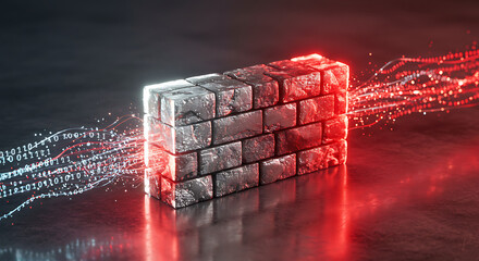 A robust brick wall illuminated by red and white digital particles, symbolizing a strong firewall, cybersecurity barrier, or data protection against threats.