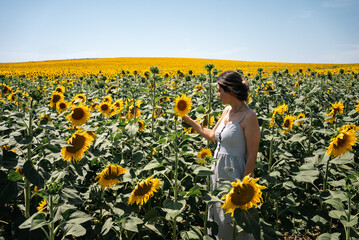 Young woman holding a sunflower on the sunflower field with blue sky.