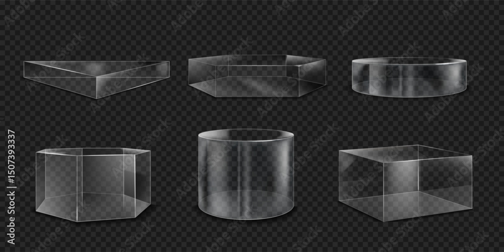 Poster Glass podium. Transparent 3D box and cube stand. Cylinder platform. Product display mockup. Clear plastic shape. Translucent block. Glossy abstract figure. Vector geometric forms set