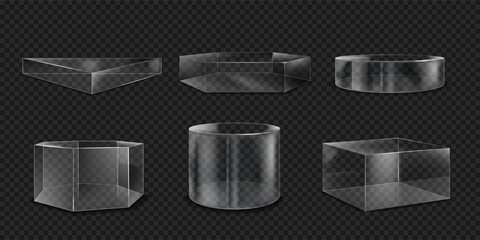 Glass podium. Transparent 3D box and cube stand. Cylinder platform. Product display mockup. Clear plastic shape. Translucent block. Glossy abstract figure. Vector geometric forms set