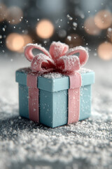 Beautiful Blue Gift Box with Pink Bow Under Christmas Tree, Snowfall, 3D Render, Festive Holiday Scene