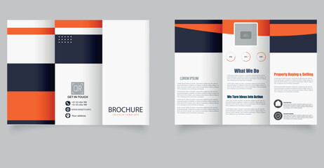 Modern Trifold Business Brochure Template. Professional trifold business brochure template in orange and dark blue color scheme. Ideal for corporate marketing, consulting.