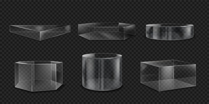 Glass podium. Transparent 3D box and cube stand. Cylinder platform. Product display mockup. Clear plastic shape. Translucent block. Glossy abstract figure. Vector geometric forms set