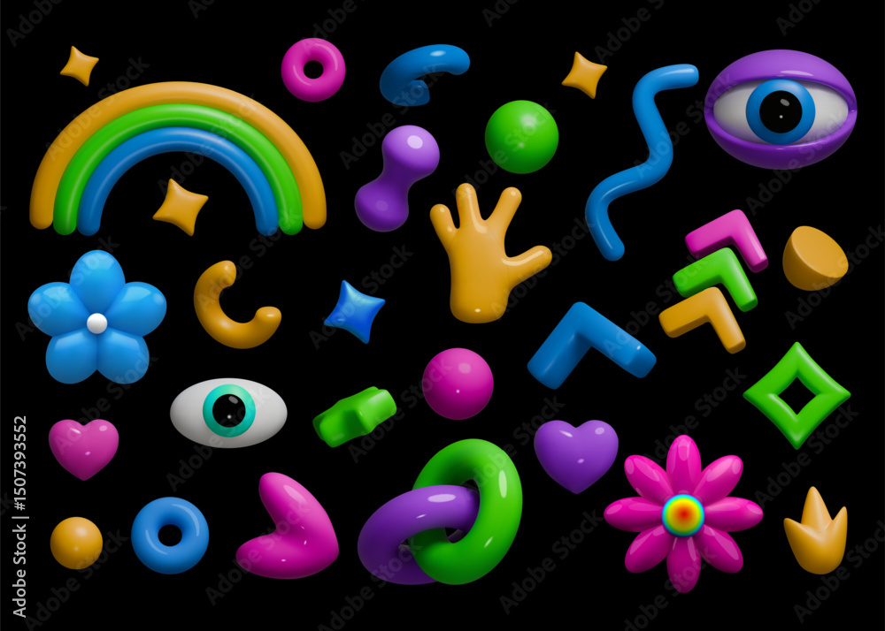 Aufkleber 3d elements. Eye and hand, flower rainbow and psychedelic modern doodles, playful alien graphic art. Quirky, whimsical and curve lines minimal render glossy blob. Vector isolated icons set