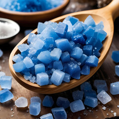 Macro Close Up of Blue Salt Crystals in Wooden Scoop  