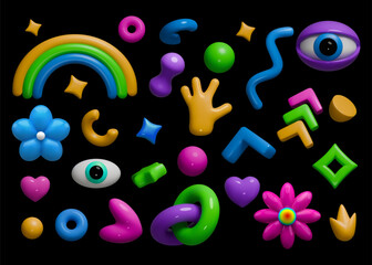 3d elements. Eye and hand, flower rainbow and psychedelic modern doodles, playful alien graphic art. Quirky, whimsical and curve lines minimal render glossy blob. Vector isolated icons set