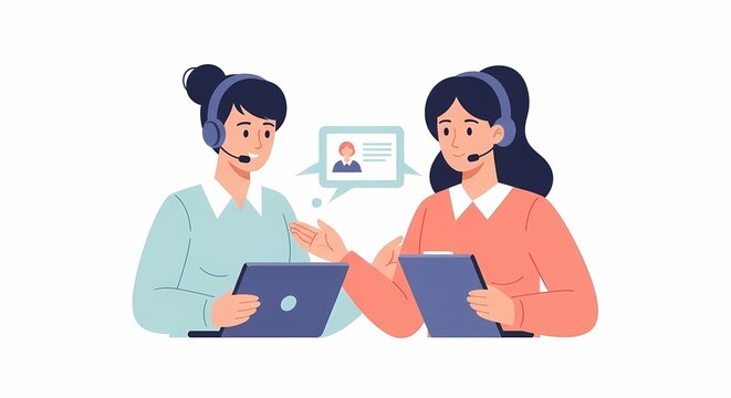 Customer Service Representatives Discussing Client Profile with Headsets and Technology