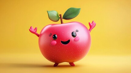 Obraz premium Cute 3D Cartoon Character of an Apple with Shiny Red Skin and Cheerful Expression