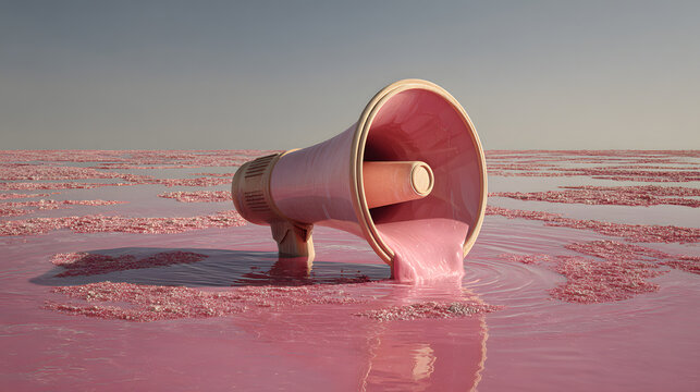 A pink megaphone submerged in vibrant pink liquid, creating ripples and a surreal visual effect