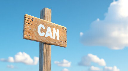 A wooden signpost displaying the word 'CAN' against a blue sky, symbolizing motivation and encouragement for personal growth.