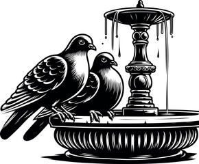 Two pigeons Perched on a Fountain