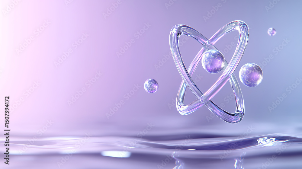 Poster abstract representation of atomic structure with bubbles depicting unique energy in a serene purple 