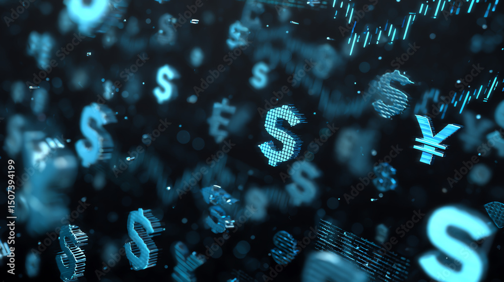 Poster abstract representation of currency symbols in blue, showcasing digital finance and globalization in
