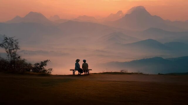 Two older women sitting on a bench enjoying peaceful view of foggy mountains at sunrise or sunset in a serene landscape - Powered by Adobe