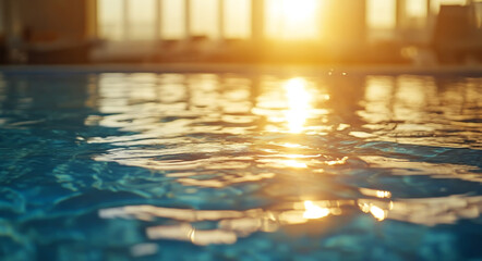 Water in a swimming pool with sunlight and reflection on the water surface, close-up view. Summer vacation background concept