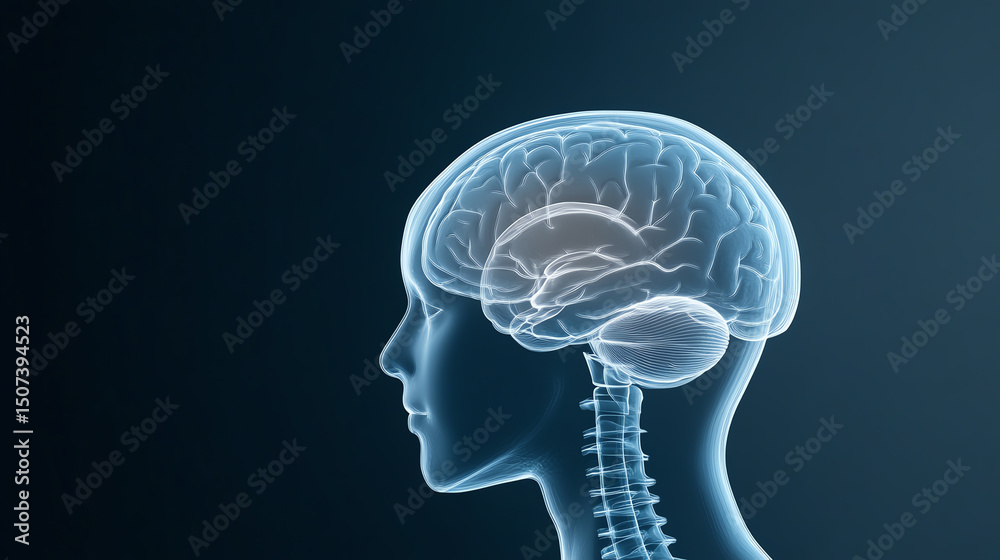 Poster an anatomical illustration of a human brain showcasing neural structures and connections in a blue b