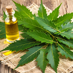 Neem leaves and extract with oil on natural background 