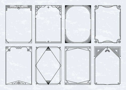 Art deco border set. Line ornament frame, elegant luxury gold decoration for modern simple logo, geometric design. Invitation or poster decor. Modern wedding card. Vector background