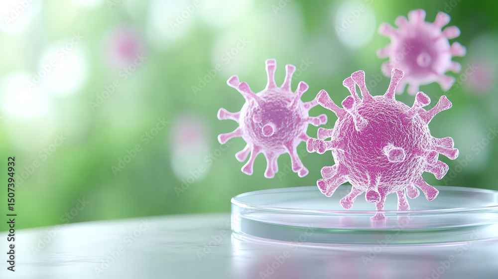 Poster close-up of colorful virus models on a glass dish, highlighting the structure and detail of microorg