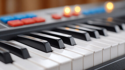 Close-up shot of piano keys in a vibrant setting, highlighting musical creativity and passion for music.