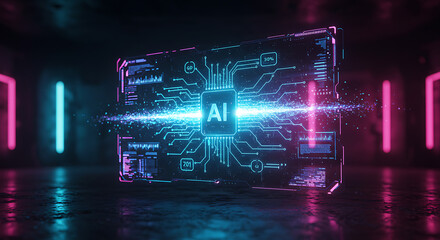 Glowing AI microchip inside a futuristic cube with blue and pink neon lights, symbolizing advanced artificial intelligence, data processing, or quantum computing.