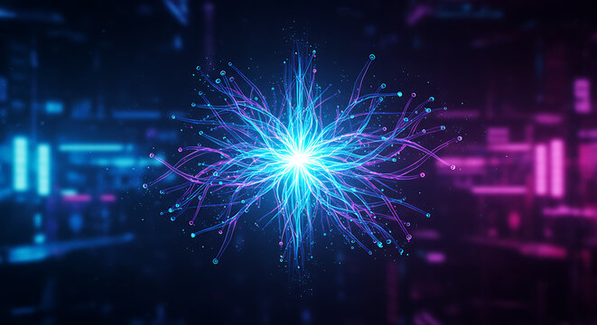 
Vibrant blue and purple glowing particle explosion or energy burst with intricate light trails, symbolizing data transfer, network core, or a technological singularity.