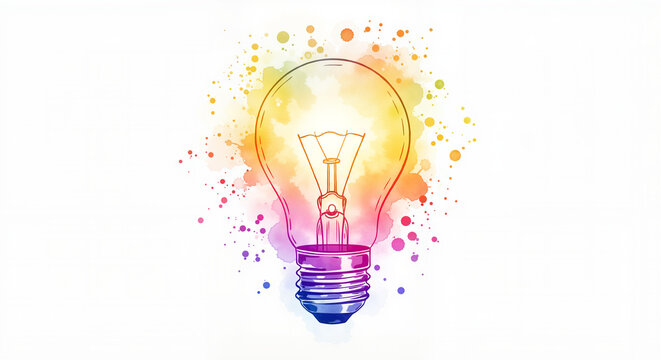 Watercolor glowing lightbulb with colorful splashes for idea generation visuals, educational materials, creativity blogs, branding, and innovation-themed graphics


