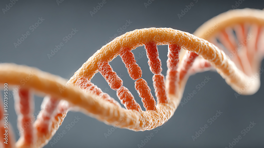 Poster Close-up view of a vibrant DNA helix, showcasing the intricate structures of genetic material in a visually striking manner.