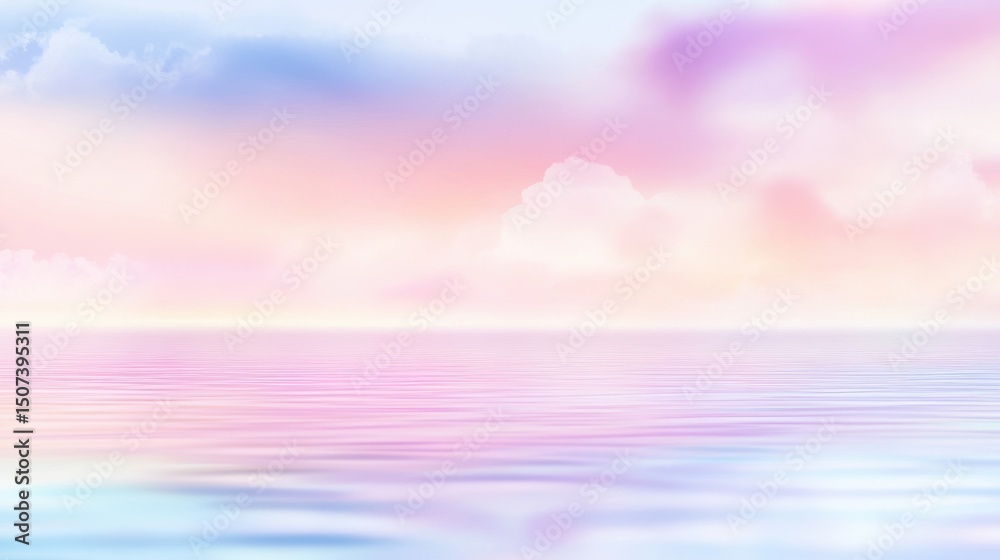 Poster soft pastel sunset with calm sea and blurred cloud reflections, offering a tranquil natural scene fo