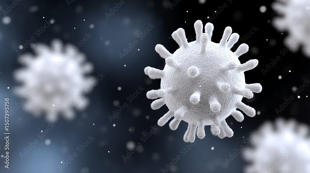 Poster Detailed 3D rendering of a virus cell surrounded by a blurred background, highlighting its structure and design in a microscopic view.