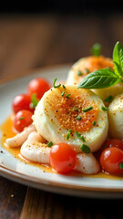 Soft-boiled eggs with cherry tomatoes and herbs on plate close-up shot.