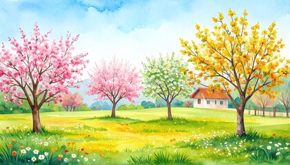 Fototapeta premium Spring landscape painting with four blooming trees and a small house.