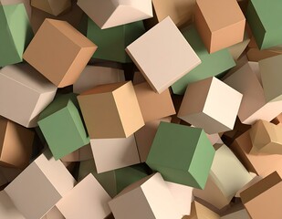 Abstract 3D Render Beige, Green Cubes, Geometric Shapes, Box Pile