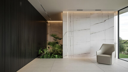 Fototapeta premium A modern, minimalist interior space. Dominating the left side is a large, vertical, dark-colored wooden panel