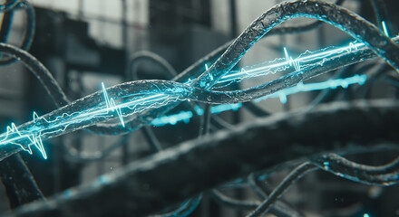 
A bundle of dark, intertwined cables with a central glowing blue energy pulse, symbolizing data transfer, network activity, or advanced connectivity.
