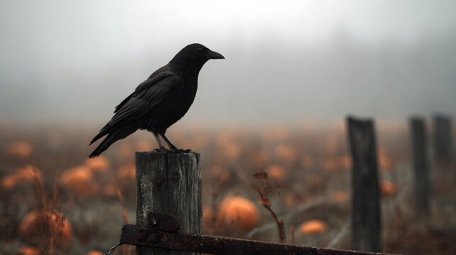 A solitary black crow perches on a weathered fence post in a spooky, fog-covered pumpkin patch during a mysterious autumn dawn