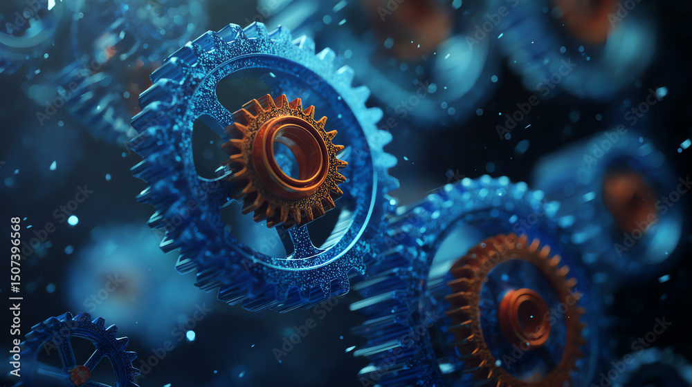 Poster intricate blue and orange gears spinning in a dynamic motion, showcasing the beauty of mechanical en