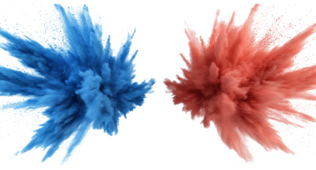 bright red and blue paint color powder festival explosion burst isolated white background.