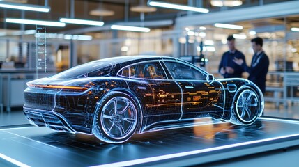 Futuristic electric car design holographic prototype in factory