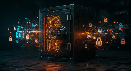 
A glowing, futuristic safe is surrounded by digital padlocks and data streams, symbolizing robust cybersecurity, encrypted information, and secure digital assets.