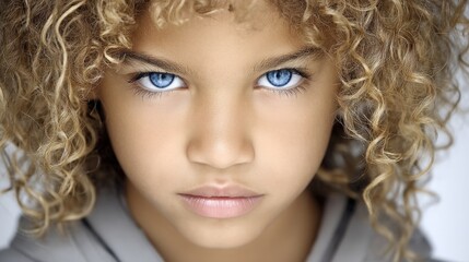Fototapeta premium Close-up of a young girl with curly blonde hair and striking blue eyes