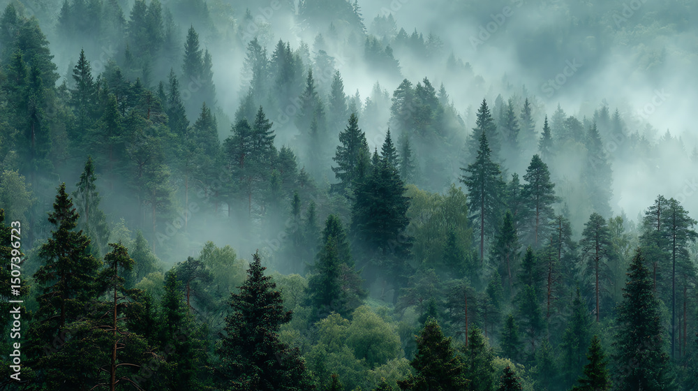 Poster Misty forest landscape showcasing towering evergreen trees and soft fog enveloping the greenery, creating a serene atmosphere.