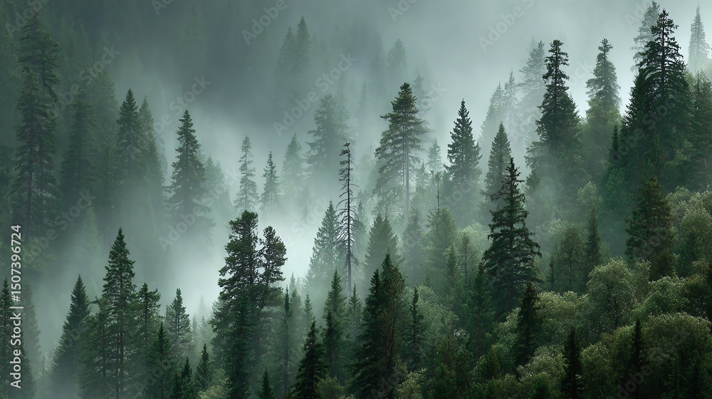 Poster misty forest landscape with towering trees, creating a serene atmosphere filled with nature's beauty