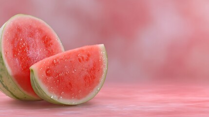 Fresh Watermelon Slices on a Pink Background with Water Droplets