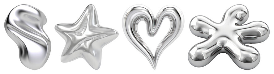 PNG Shiny silver 3D shapes: swirl, star, heart, and abstract form element set on transparent background.