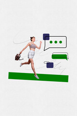 Trendy sketch pop artwork collage of happy girl stand bubble communication speech chat dialogue...