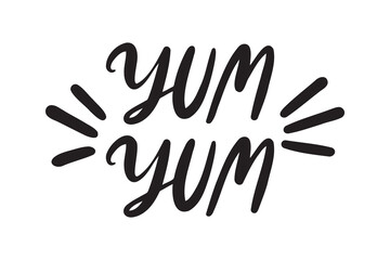 Yum Yum text lettering. Printable graphic. Design doodle for print. Cartoon hand drawn calligraphy style